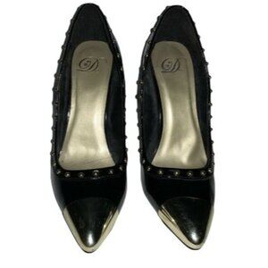 Black Patent Leather Pointed-Toe Heels With Gold Studded Trim & Metallic Cap Toe